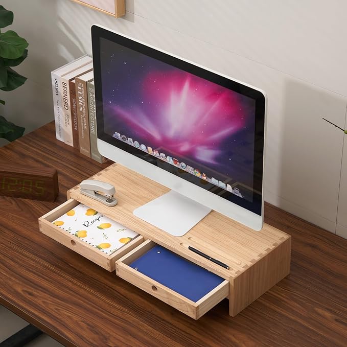 KIRIGEN Wood Monitor Stand with 2 Drawers, Solid Wood Computer Monitor Riser for Desk, Desktop Organizer Shelf with Cable Management, Pen Slots, Natural, No Assembly PMJ-NA