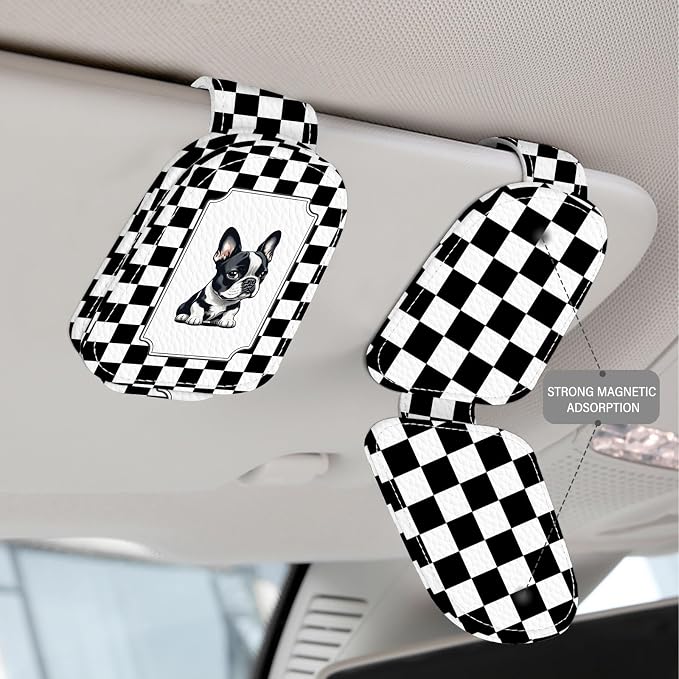 2 Pack Magnetic Leather Sunglass Holder, Universal Magnetic Car Eyeglass Hanger Clip for Different Size Eyeglasses, Car Visor Accessories (Polka Dot Dog)