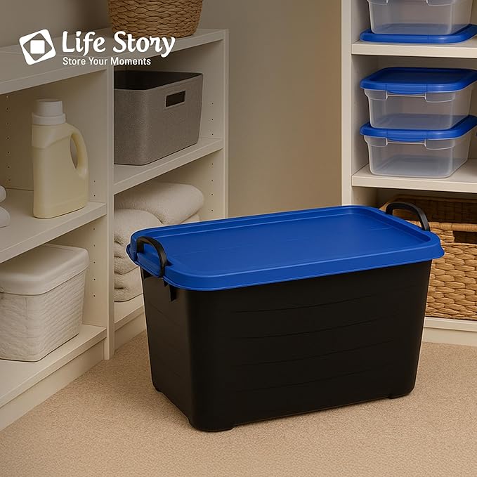 Life Story 6 Pack Heavy Duty Stackable Storage Bin, 55 Quart Home Organizer, Versatile Lightweight Locking Bins with Carrying Handles, Black/Blue