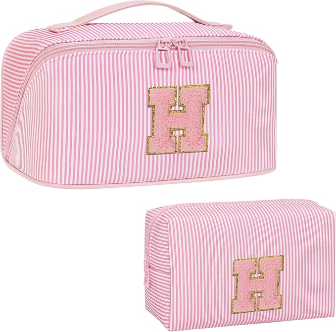 Initial Makeup Bag, Portable Water-resistant Monogram Cosmetic Bag Set, Travel Toiletry Bag with Brush Holder, Personalized Gifts for Friend Teacher Mom Wife, Pink H