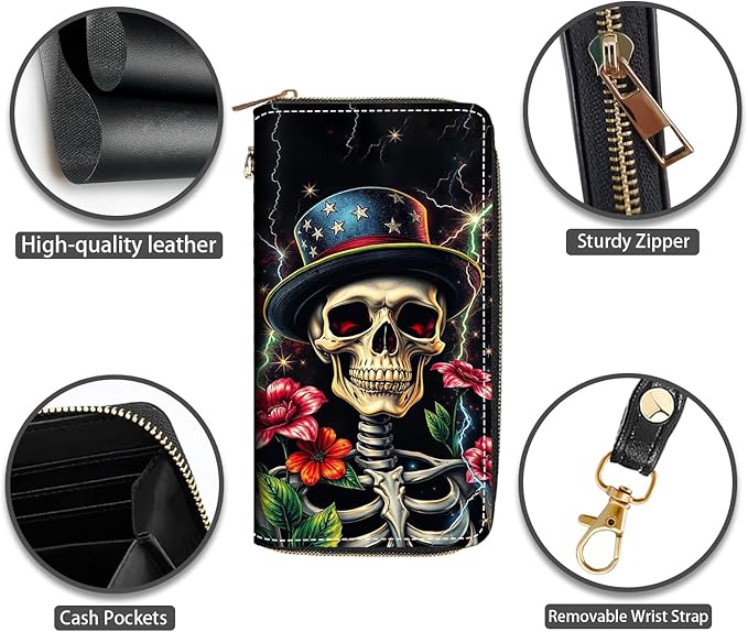 Funny Skull Flower Print Women Large Capacity PU Leather Zip Around Wallet, Multifunctional Clutch Purse for Cash/Card/Coin/Smart Phone