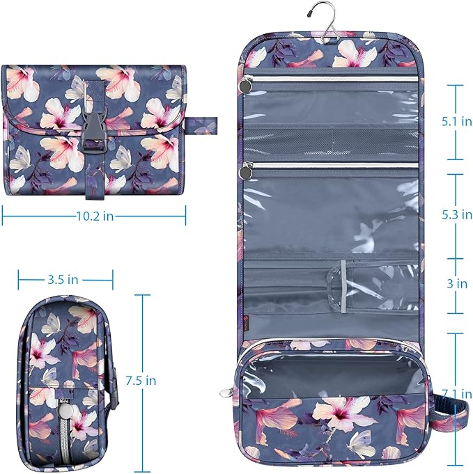 Fintie Portable Toiletry Cosmetic Travel Bag, Large Water Resistant Hanging Makeup Organizer Storage Pouch Case for Women Girls (Blooming Hibiscus)