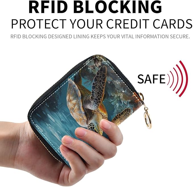 Sea Turtle RFID Credit Card Holder Wallets Accordion for Women Leather Zipper Card Case Accordion Wallet for Ladies Girls