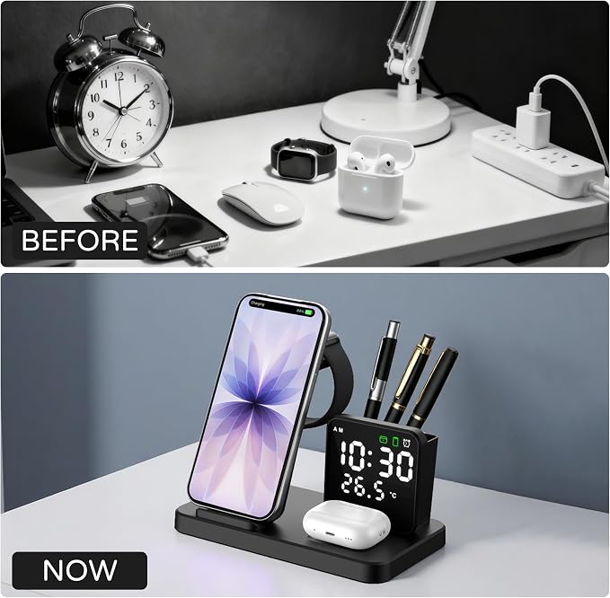 5 in 1 Wireless Charging Station with Alarm Clock Pen Holder, Fast Wireless Charger for iPhone 17/16/15/14/13/12/Pro/Max/Air, for iWatch & AirPods, Charger Stand with Temperature, Snooze Model White