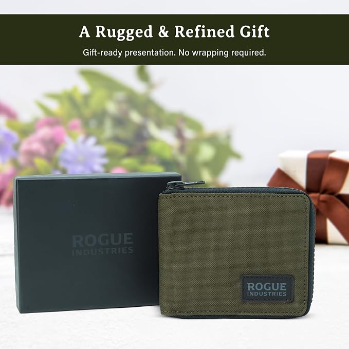 ROGUE WALLET Interior Genuine Leather Wallets for Men - RFID Blocking Robust Outer Nylon Wallets - Full Cash Slot and Expandable Coin Pouch - Gift for Men (Khaki)