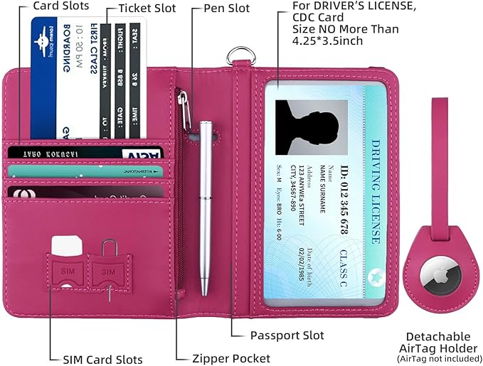 WALNEW AirTag Passport Holder, PU Leather Airtag Wallet RFID Blocking Passport Cover Travel Essentials Case for Women Men (Hot Pink)