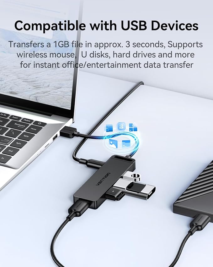VENTION USB 3.0 Hub for Laptop- Multi USB Port Splitter, Ultra-Slim USB Extender Adapter, 4 Ports Fast Data Transfer for Laptop, MacBook, Printer, PS4, PC, Flash Drive, HDD, Wireless Mouse/Keyboard