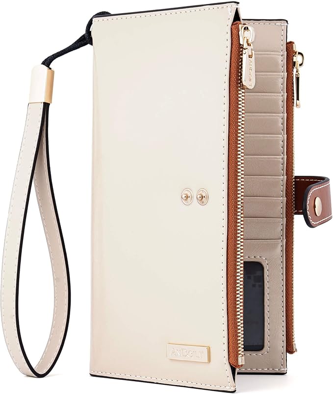 ANDOILT Women's Genuine Leather Wallet RFID Blocking Credit Card Holder Zipper Purse Cell Phone Handbag