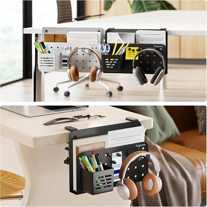 Desk Side Storage Organizer, No Drill Under Desk Laptop Holder, Clamp on Desks Shelf with Pegboard Accessories, Hanging Laptop Mount, Fits Flat Edge 0.4" to 2.2", Black