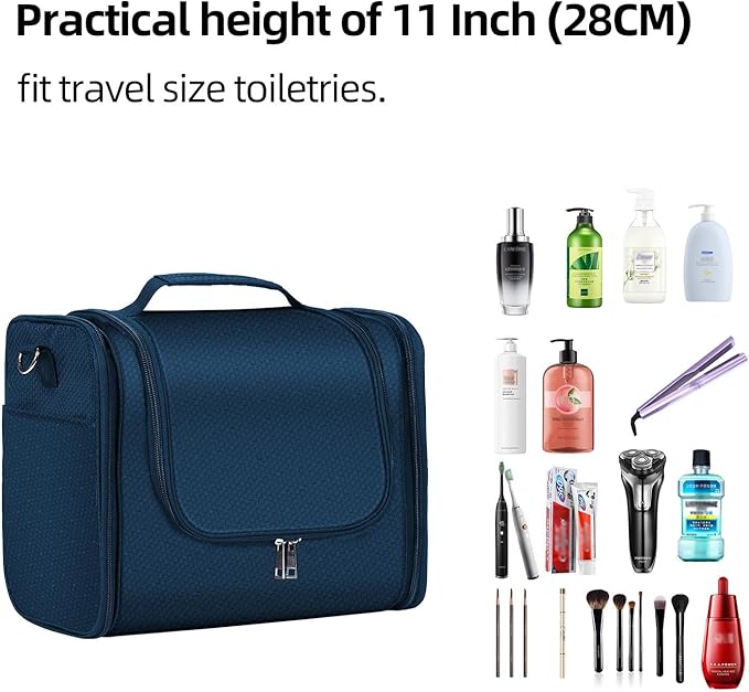 Buruis Extra Large Toiletry Bag for Women and Men, Hanging Travel Bag with Detachable Shoulder Strap for Full-Sized Toiletries, Water-Resistant Dopp Kit for Family Use and Long Trips, Blue