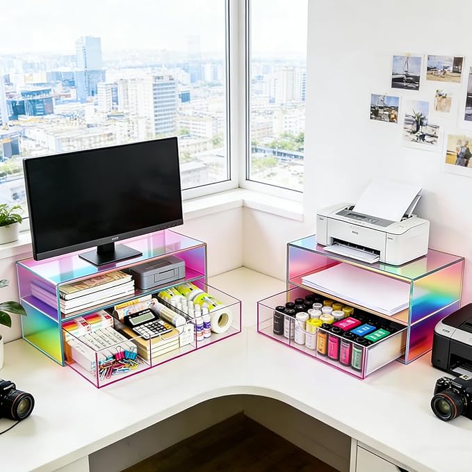 Gelite Acrylic Computer Monitor Stand for Desk Monitor Riser with Drawer Desktop Monitor Shelf with Storage, Iridescent
