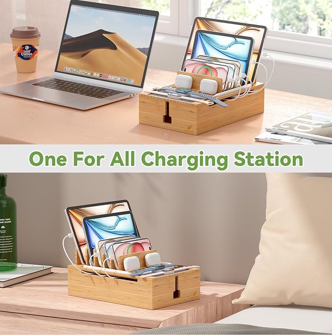 Pezin & Hulin Bamboo Charging Station, Electronic Devices Organizer for Multiple Devices Charger Such As Cell Phone, Tablet, Watch and More, Natural, (No USB Charger and Cables)