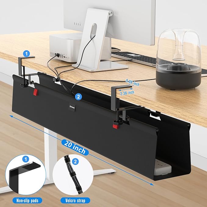 No Drill Under Desk Cable Management Tray, 20" Cord Management Tray with Cable Loop, Upgraded Oxford Fabric Wire Management for Standing Desk - No Damage to Table