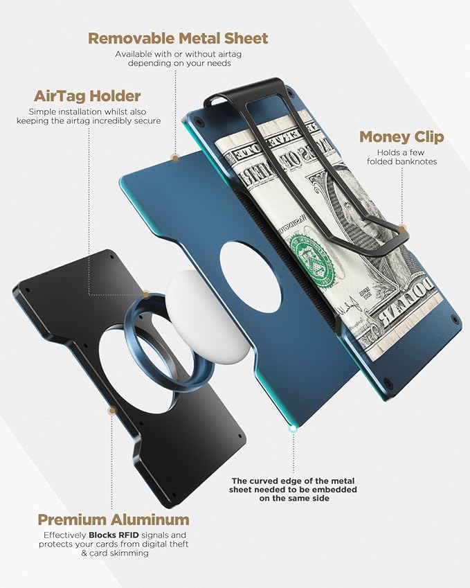 VULKIT Men's Metal Wallet with Money Clip, Slim Credit Card Holder with Airtag Holder, Minimalist Front Pocket Wallet for Men(Blue)