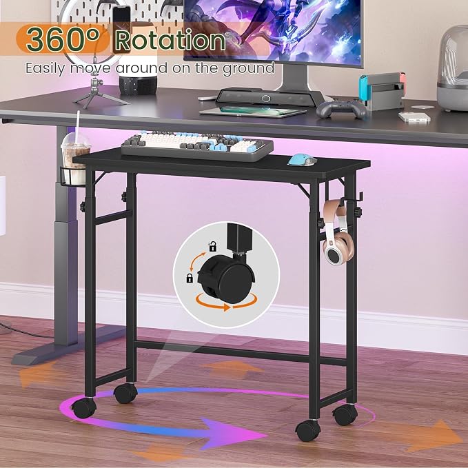 Snughome Mobile Keyboard Tray with Wire Cup Holder & 2 Storage Hooks, Height Adjustable 27.5"–44.4", Rolling Standing Desk Keyboard Platform with Lockable Casters for Home Office, Black
