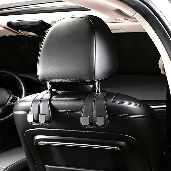 2 Pack KAFANLIN Car Headrest Hooks for Purses and Bags Cute Leather Car Seat Back Head Rest Double Hooks for Bags Cute Pink Beige Car Accessories Headrest Back Seat Handbags Hook (Black 2 Pack)