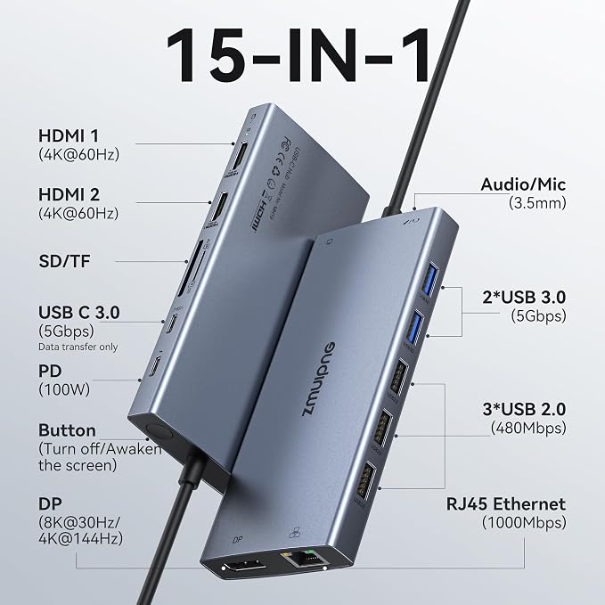 USB C Docking Station Dual Monitor Laptop Docking Station, 15 in 1 Docking Station 3 Monitors with 2 HDMI 4K, DP 8K, 100W PD, 6 USB A/C Ports, Button, USB C Hub Multiport Adapter for Windows Laptops