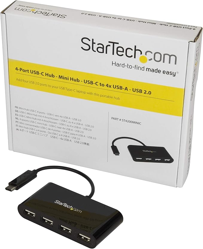 StarTech.com 4-Port USB-C Hub - USB-C to 4x USB-A Hub Adapter - Mini USB 2.0 Hub - Bus-powered USB Type-C Port Expander (ST4200MINIC)