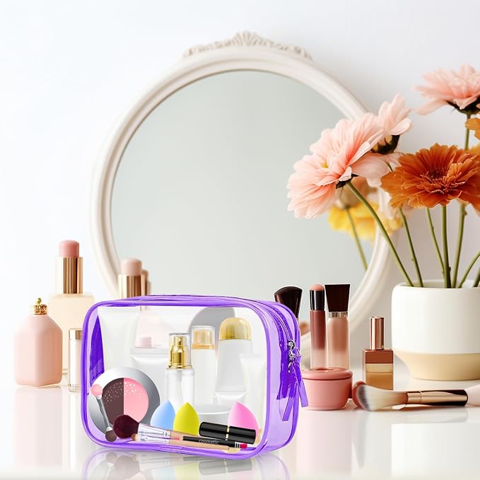 PLULON 2 Pack Clear Travel Toiletry Bag, TSA Approved Toiletry Bag Clear Makeup Bag Quart Size Portable Cosmetic Bags Carry on Travel Accessories Bag for Women Men - Purple