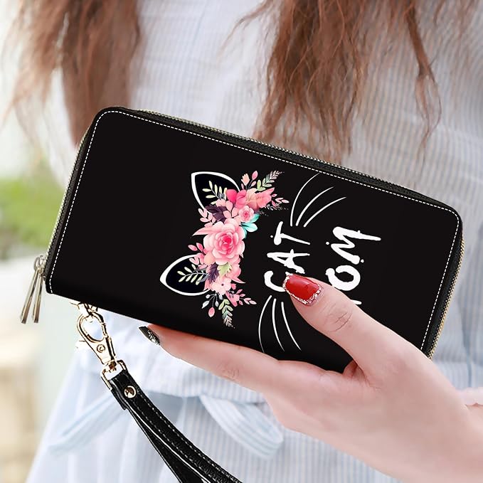 Women's Large Capacity Wallet PU Leather Double Zipper Clutch Purse Multifunctional Wallet with Removable Wristlet Strap for Smart Phone/Coin/Card/Cash, Floral Cat Mom