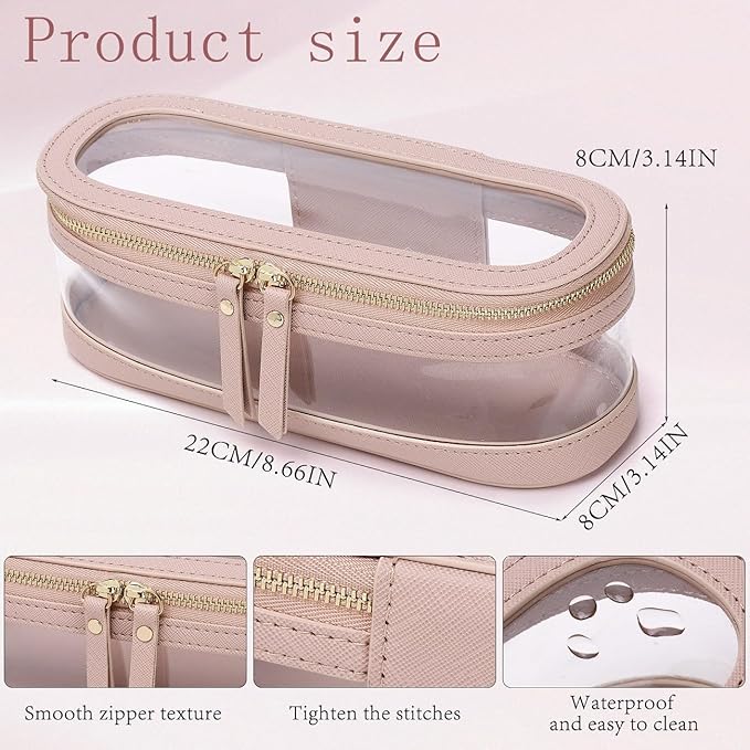 Pinkmik Makeup Brush Case Clear Travel Cosmetic & Toiletry Bag Slim Makeup Bag with Zipper Small Purse Organizer Car Essential Bag for Women (Pink, SLIM L)