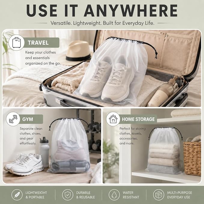 Shoe Bags for Travel, 12 Pack Clear Drawstring Organizers, Waterproof PE Plastic Pouches for Packing Shoes, Toiletries, Cosmetics, Gym Clothes, Wet Swimsuits
