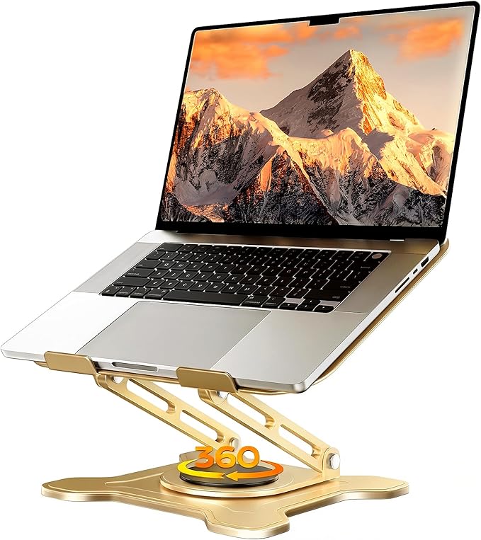 Adjustable Laptop Stand for Desk, 360° Rotating Base Ergonomic Computer Stand, Laptop Riser Foldable Protable for Office Home Fits Compatible with MacBook Pro/Air Notebook up to 10-16" Gold