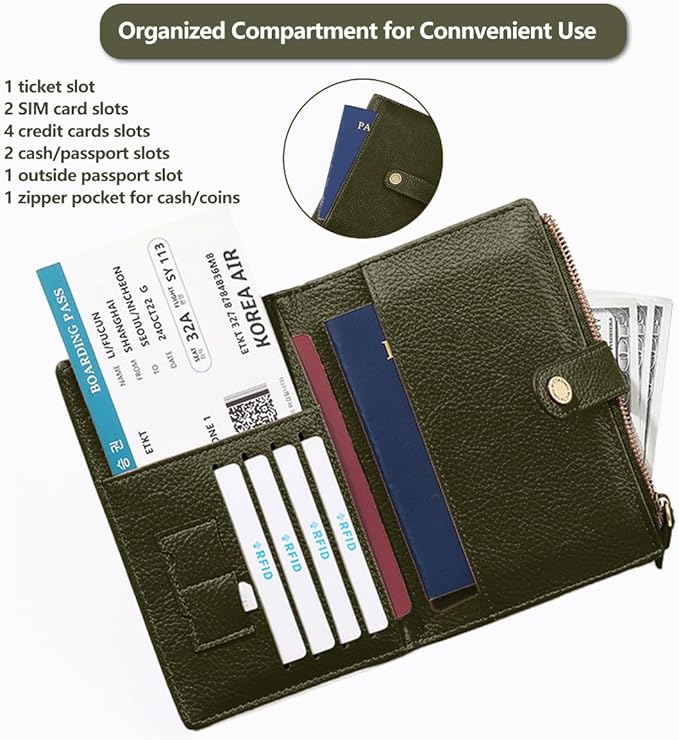 Slim RFID Blocking Passport Holder Wallet,PU Leather Travel Card Organizer,Lightweight Passport Case for Women Men (Green)