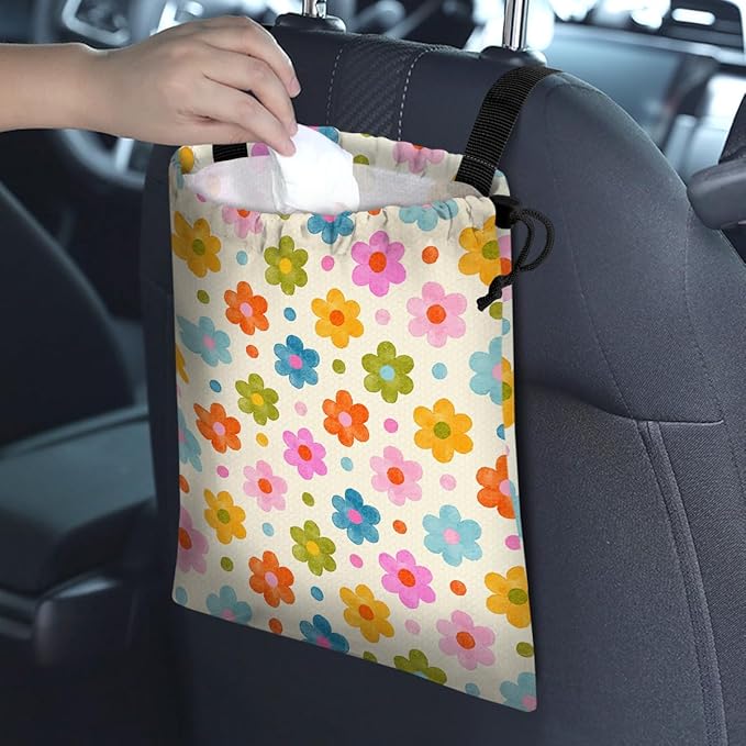 Car Trash Bag Hanging Back of Seat Waterproof Small Cute Printed One-Handed Strap Drawstring Garbage Bags for Car-Flower