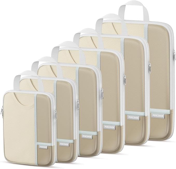 Percover Compression Packing Cubes 6-Piece Set, Packing Cubes Compression for Travel with Multi-Size Organization, Travel Organizer for Carry On & Checked Luggage, Camel