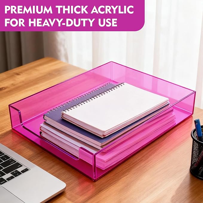 Paper Tray Acrylic File Organizer for Desk Letter Tray Desk Organizer Document Holder Sorter Storage for A4 Office Supplies Magazines, 13.8x10.6x2.4 Inches, Bright Purple