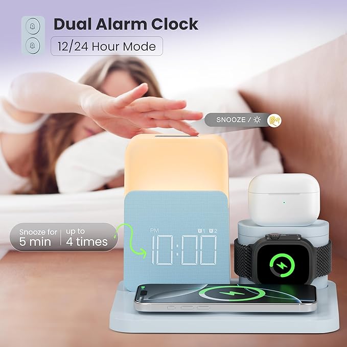 Alarm Clock Charging Station for Bedrooms, 7 in 1 Wireless Charging Station, Magnetic Charger with Night Light Bedside Clock for iPhone 17 16 15 14 13 12 Pro Max, Apple Watch, AirPods (Blue)