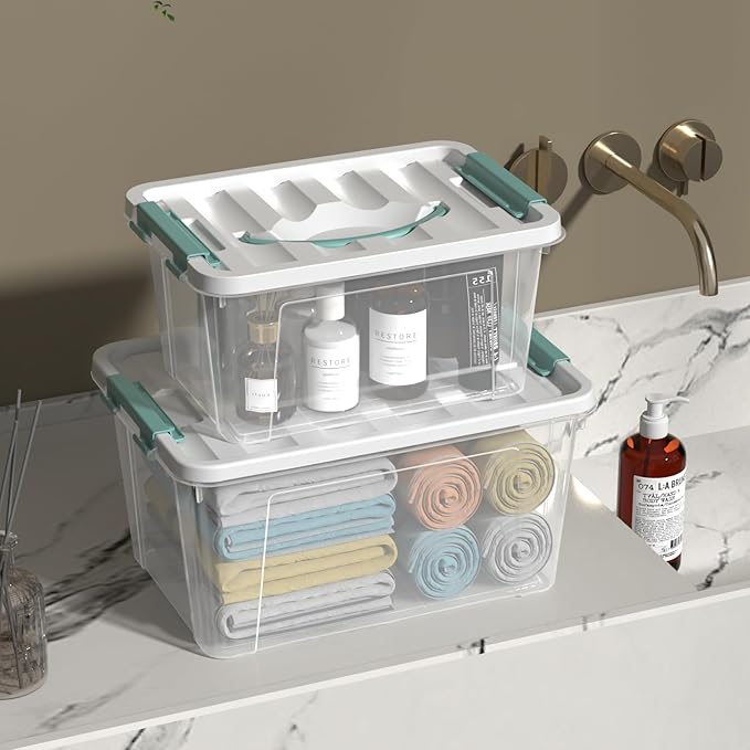 2-packs Latch Storage Boxes with Handle, 7 Quart & 14 Quart Clear plastic Container Tote