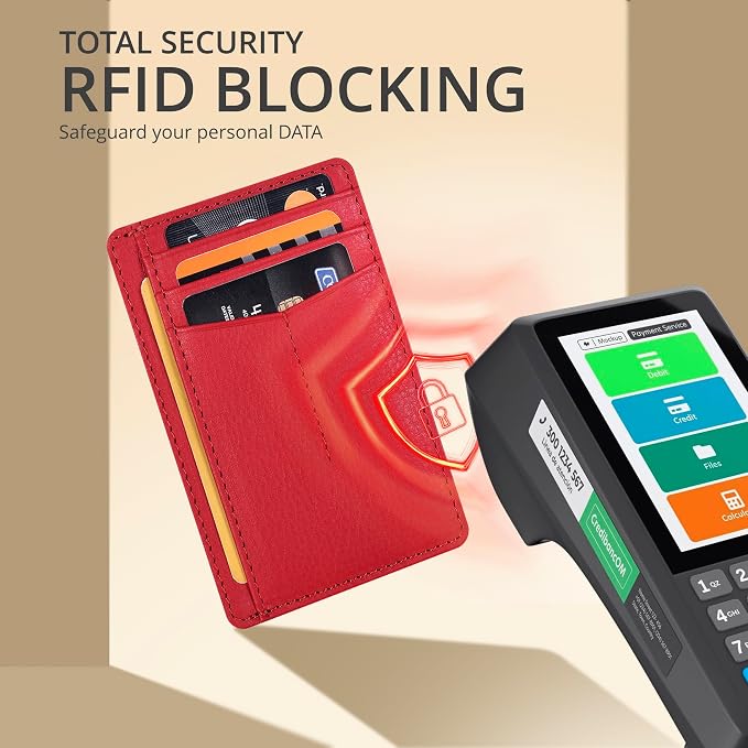 Oak Leathers Leather Slim Minimalist Wallet for Men & Women RFID Front Pocket Leather Card Holder Wallets (Nappa Red)