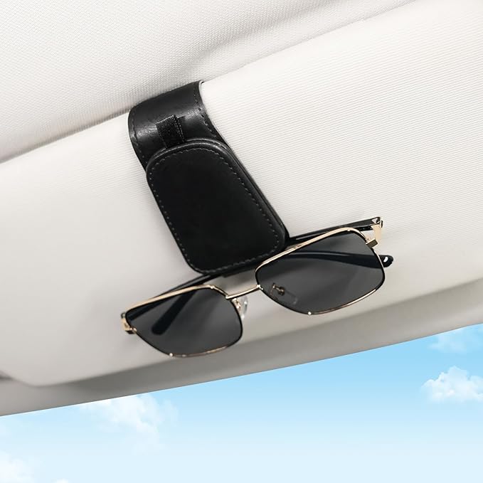 SINGARO 2 Pack Sunglass Holder for Car Visor Sunglasses Holder Clip, Universal Non-Slip Magnetic Leather Glasses Eyeglasses Hanger Mounter, Truck Interior Car Visor Accessories for Woman Man, Black