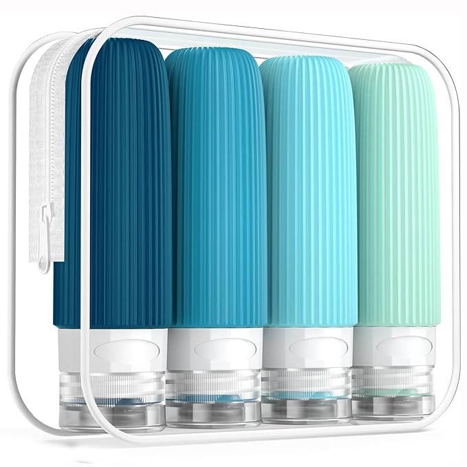 Mrsdry Travel Bottles for Toiletries, Tsa Approved 3oz Portable Travel Bottles, BPA Free Leak Proof Squeezable Silicone Travel Size Containers, Travel Accessories with Clear Toiletry Bag (4 Pack)