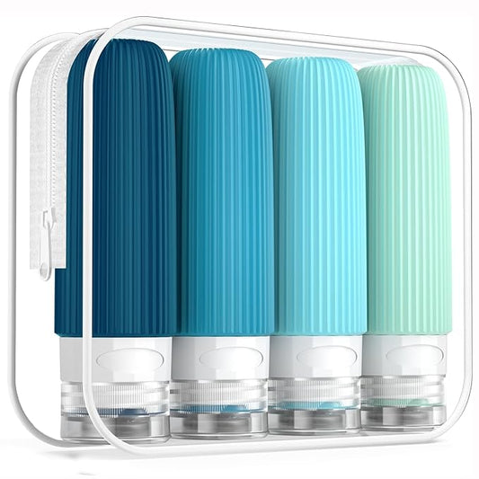 Mrsdry Travel Bottles for Toiletries, Tsa Approved 3oz Portable Travel Bottles, BPA Free Leak Proof Squeezable Silicone Travel Size Containers, Travel Accessories with Clear Toiletry Bag (4 Pack)