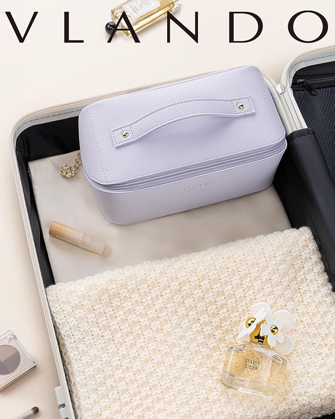 VLANDO Makeup Bag,Travel Toiletry Bag,Cosmetic Bag for Women PU Leather Portable Make up Bag for Skincare, Brushes & Travel Essentials-Purple