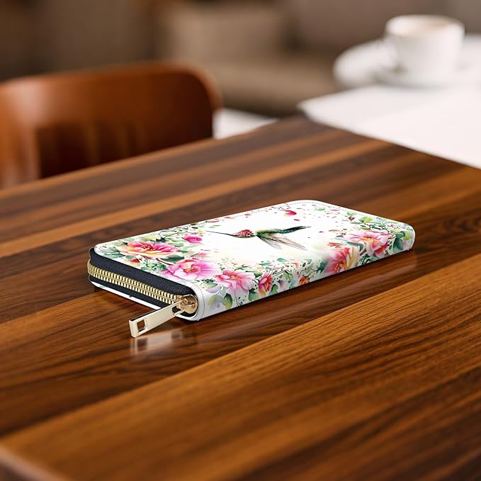 RFID-Blocking Zip Around Wallets for Women with Detachable Wrist Strap,Large Capacity Phone Holder with Card Organizer & Coin Pocket,Hummingbird Pink Flower