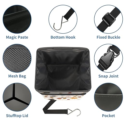 Car Trash Can Hedgehogs Maple Leaves Mushroom Wate-rproof Auto Garbage Bag Car Trash Can with Lid Leak-Proof Car Storage Bag Hanging for Headrest Collapsible and Portable with Storage Mesh Pocket