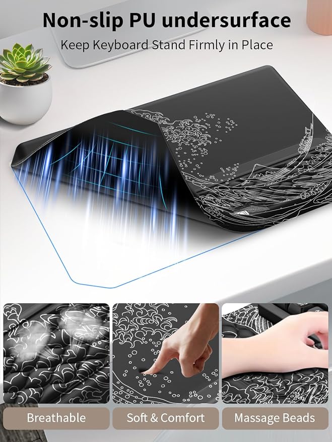 3-in-1 Ergonomic Keyboard Stand with Wrist Rest & Mouse Pad Set, Comfy Keyboard Riser Holder Soft Mousepad with Massage Design, Memory Foam and Non-Slip PU Base for Pain Relief, Black Wave of Kanagawa