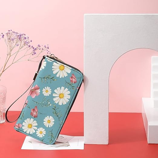 Unisex Zip Around Wallet for Adults Teens White Daisy Pink Flower Blue Background Coin Pouch Cash Pocket PU Leather Wallets Card Holder Organizer Designer Purse with Wristlet Strap