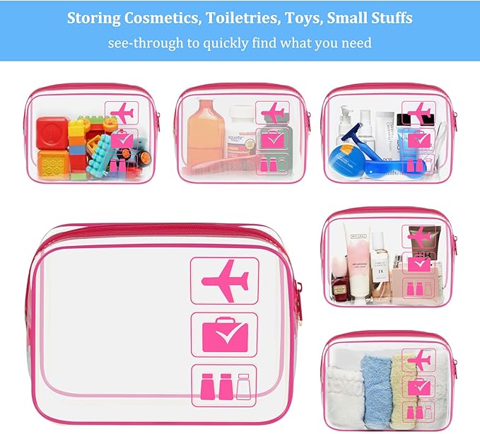 sogiv 3Pcs TSA Approved Toiletry Bag, Clear Travel Toiletry Bag, Clear Makeup Bag, Waterproof Travel Makeup Cosmetic Bag, Carry On Airport Airline Quart Size Travel Bag for Women Men (Pink)