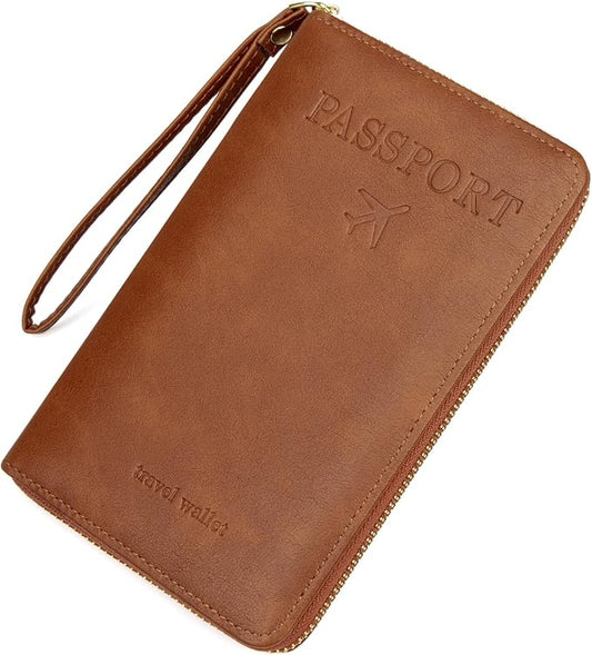 defway Passport Holder Travel Wallet - RFID Blocking Passport Holder Card Slots, PU Leather Travel Wallet Cover, Organizer for Documents Travel Essentials (Brown)