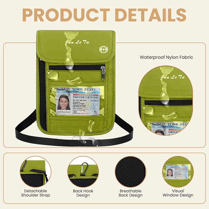 Passport Holder for Travel, RFID Passport Wallet with Visual Window Design, Multifunctional Document Organizer, Waterproof Travel Pouch Neck Wallet for Men and Women, Green