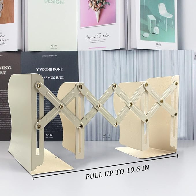 Adjustable Bookends, 19 inches 2 Dividers Heavy Duty Metal Book Holders, Book Storage Rack, Desk Organizer Magazine File Holder for Office, School, Bookstore and Home, Beige