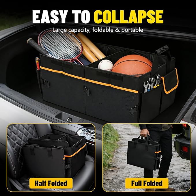 95L Car Trunk Organizer with 2 Tie-Down Straps&2 Removable Dividers|Foldable Cover,Multi-Compartment Collapsible Storage Box for SUV&Sedan&Truck|Non-Slip Bottom,3mm Durable PE Board Construction