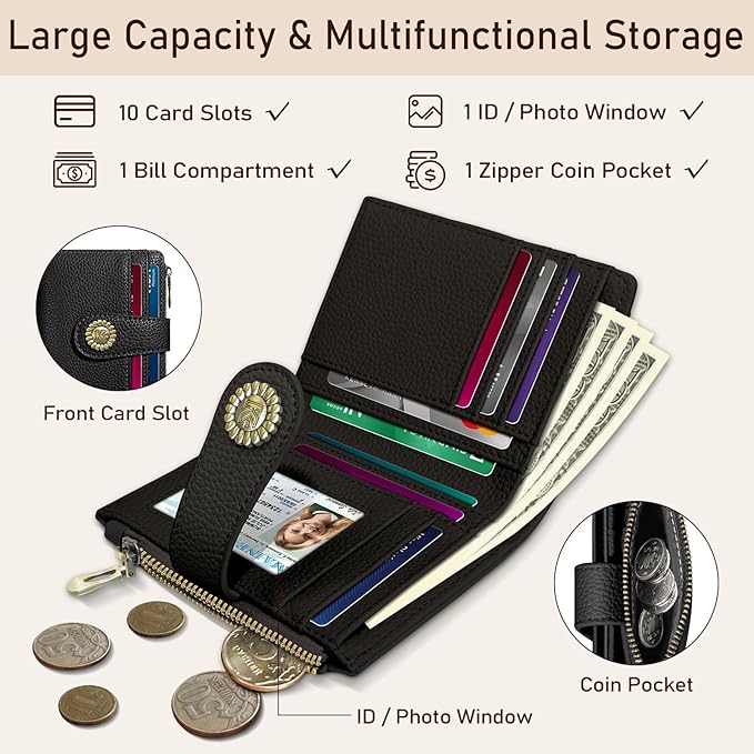 Kelvoris Small Rfid Women Wallet Bifold Zipper Coin Pocket PU Leather Compact Cash Credit Card Holder Travel Wallet for Female Ladies Teen Girls 1 ID Window 10 Card Slots Black