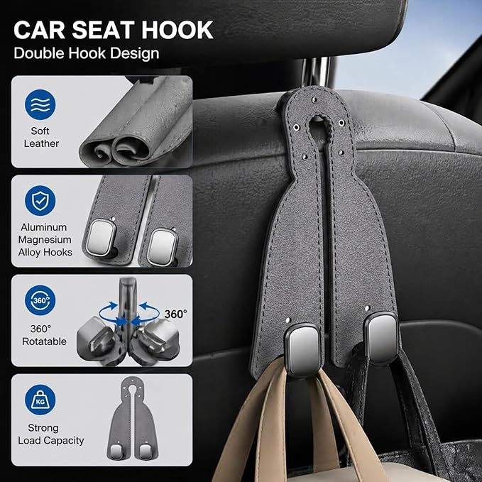 2 Pack Leather Car Seat Back Double Hooks - Heavy Duty Metal Core Headrest Hangers for Purses, Bags & Groceries - Anti-Drop & Scratch-Free Auto Interior Organizer Holder (Grey)