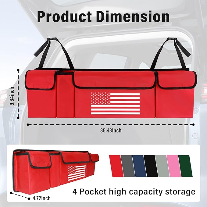Turcee Car Trunk Organizer,Large Capacity Car Storage Organizer with US Flag Design,Hanging Foldable Car Organizers and Storage Car Interior Accessories (Red)